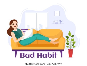 Bad Habit Vector Illustration with Unhealthy Lifestyle like Eating Fast Food or Alcohol Bottle in Flat Cartoon Hand Drawn Landing Page Templates