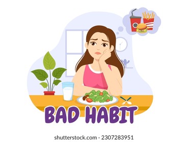 Bad Habit Vector Illustration with Unhealthy Lifestyle like Eating Fast Food or Alcohol Bottle in Flat Cartoon Hand Drawn Landing Page Templates