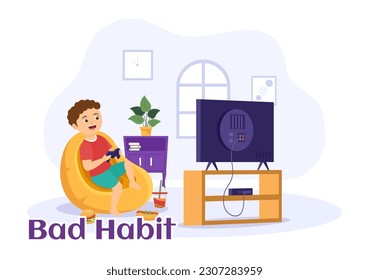 Bad Habit Vector Illustration with Unhealthy Lifestyle like Eating Fast Food or Alcohol Bottle in Kids Cartoon Hand Drawn Landing Page Templates