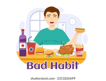 Bad Habit Vector Illustration with Unhealthy Lifestyle like Eating Fast Food or Alcohol Bottle in Flat Cartoon Hand Drawn Landing Page Templates