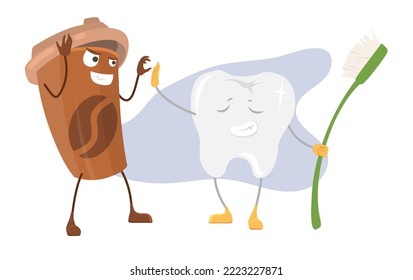 Vector de mal hábito. Ilustración de la bebida de café y de los dientes blancos aislada en el fondo blanco. Problemas de higiene, odontología, oscurecimiento del esmalte con cafeína. Bebida aromática nociva