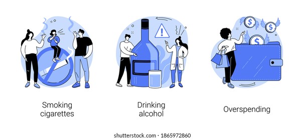 Bad habits abstract concept vector illustration set. Smoking cigarettes, drinking alcohol, overspending, tobacco and nicotine addiction, alcoholism therapy, budget planning, stress abstract metaphor.