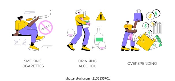 Bad habits abstract concept vector illustration set. Smoking cigarettes, drinking alcohol, overspending, tobacco and nicotine addiction, alcoholism therapy, budget planning, stress abstract metaphor.