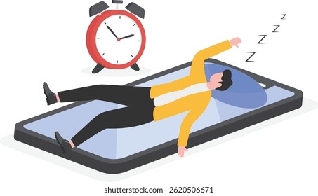 Bad habits, addicted to social or online games on smartphones, businessmen lying on their smartphones and sleeping from the time they fall asleep until five in the morning

