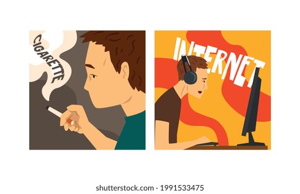 Bad Habits and Addiction Set, Cigarette and Computer Games Addictions Cartoon Vector Illustration