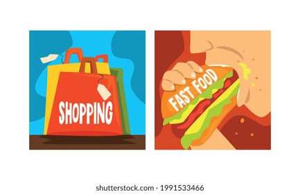 Bad Habits and Addiction Set, Shopping and Fast food Dependence Cartoon Vector Illustration