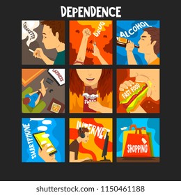 Bad habits and addictions of modern society set, cigarette, drug, alcohol, fast food, gadgets, shopping addiction vector Illustrations