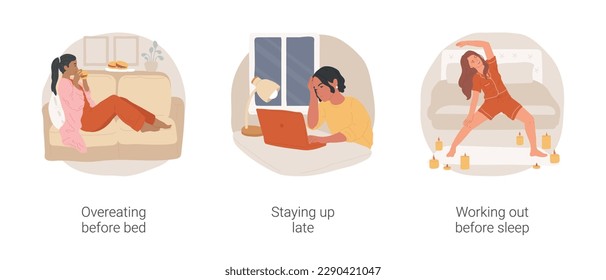 Bad habits before sleep isolated cartoon vector illustration set. Overeating before bed, night eater, staying up late, watch screen in the dark, working out before sleep, insomnia vector cartoon.