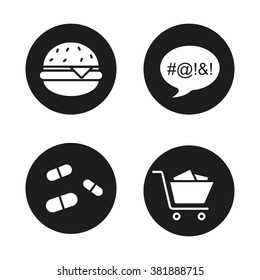 Bad habits black icons set. Obesity, dirty language, pills and oniomania shopping symbol. Fast food, drugs, shopping cart and swearing icons. Addictions white illustrations. Vector logo concepts