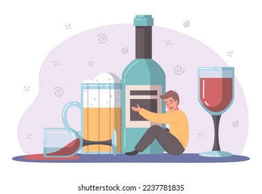 Bad habits cartoon concept with alcohol addict holding bottle vector illustration