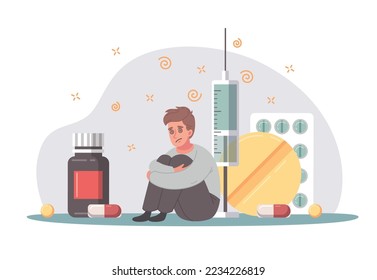 Bad habits cartoon concept with dengerous drug addict vector illustration