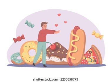 Bad habits cartoon concept with fastfood addict and attractive tasty food vector illustration