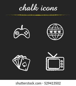 Bad habits chalk icons set. Game console joystick, www network symbol, playing cards deck, retro tv-set. Gambling, internet, gaming and tv addictions. Isolated vector chalkboard illustrations