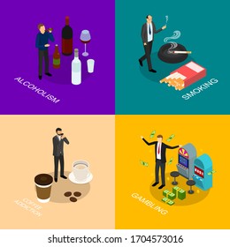 Bad Habits Concept Card 3d Isometric View Include of Alcohol and Game. Vector illustration