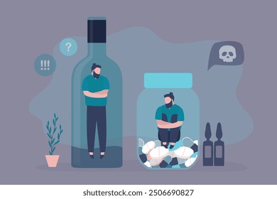 Bad habits, concept. Drug addiction, drinking alcohol, alcoholism therapy, stress abstract metaphor. Drug abuse, drunk man in bottle, male character under antidepressants. flat vector illustration