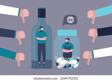 Bad habits, concept. Drug addiction, drinking alcohol, alcoholism therapy, stress metaphor. Human hands in dislike gestures. Drug abuse, drunk man in bottle, male character under antidepressants.