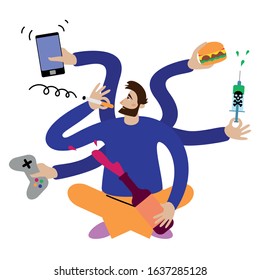 Bad habits concept. Multi-armed man with addiction to smoking, alcohol, drugs, video games, fast food and smartphone. Unhealthy and dangerous lifestyle. Flat vector illustration
