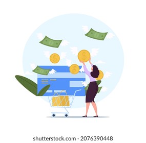 Bad habits concept. Shopaholic woman spends lot of money to buy clothes and unnecessary things. Lack of financial literacy. Female character addicted to shopping. Cartoon flat vector illustration