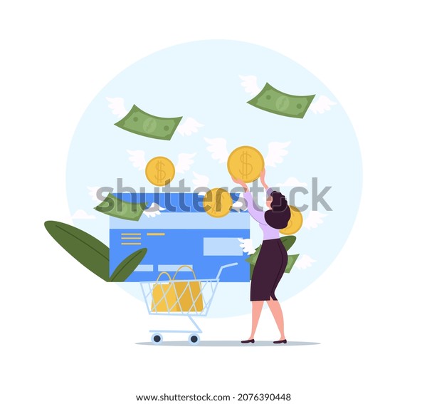 Bad habits concept. Shopaholic woman spends\
lot of money to buy clothes and unnecessary things. Lack of\
financial literacy. Female character addicted to shopping. Cartoon\
flat vector illustration