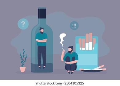 Bad habits, concept. Smoking cigarettes, drinking alcohol, tobacco and wine addiction, alcoholism therapy, stress abstract metaphor. Drunk man in bottle, male character smoke cigarette. flat vector