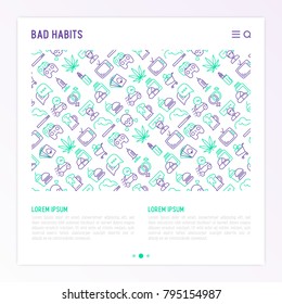 Bad habits concept with thin line icons set: abuse, alcoholism, cigarette, marijuana, drugs, fast food, poker, promiscuity, tv, video games. Modern vector iilustration for banner, print media.