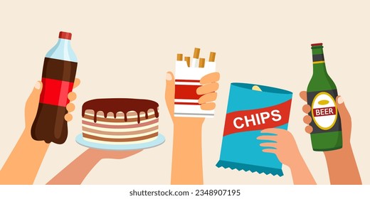 Bad habits concept vector illustration. Hand holding cigarettes, alcohol drink, soda, snack and sweet cake in flat design.