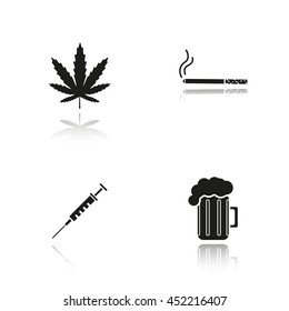 Bad habits drop shadow black icons set. Marijuana leaf, cigarette with smoke, syringe, foamy beer glass. Drugs, smoking and alcohol addictions. Isolated vector illustrations