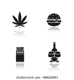 Bad habits drop shadow black icons set. Unhealthy lifestyle addictions. Marijuana leaf, fast food burger, open cigarette pack, alcohol bottle with glasses. Isolated vector illustrations