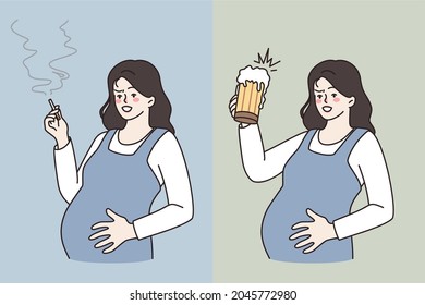 Bad habits during pregnancy concept. Young pregnant woman standing embracing belly smoking cigarette and drinking beer living unhealthy life vector illustration 