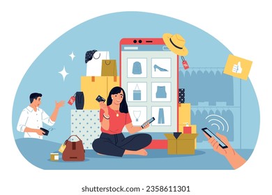 Bad habits flat background with people having shopping addiction making online purchases vector illustration