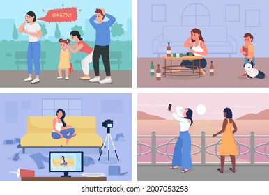 Bad habits flat color vector illustration set. Anger management problem. Digital addiction. Upset men and women 2D cartoon characters with indoor and outdoor on background collection