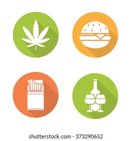 Bad habits flat design long shadow icons set. Unhealthy lifestyle addictions. Marijuana leaf, fast food burger, open cigarette pack, alcohol bottle with glasses. Logo concepts. Vector illustrations