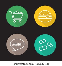 Bad habits flat linear icons set. Shopping cart, fast food burger, vulgar language, drugs pills. Long shadow outline logo concepts. Line art illustrations on color circles. Vector