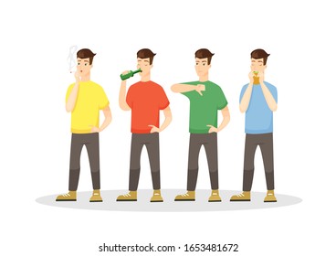 Malos hábitos de ilustración vectorial plana. Fumar, adicción al alcohol y sobrealimentación de comida rápida. Personas con cigarrillos, hombres con personajes de caricaturas de botellas y hamburguesas aislados de fondo blanco