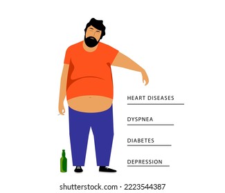 Malos hábitos para la salud. Hombre ebrio con sobrepeso con un cigarrillo. Plantilla para infografías y publicidad social. Ilustración vectorial. Diseño plano.