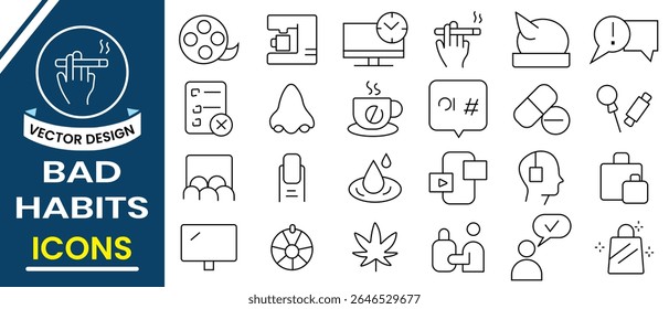 Coleção de ícones de hábitos incorretos. Ícone de esboço de mau hábitos símbolo e sinal, como fumar, doce, fast food, álcool, jogos de azar, ícones pílulas e muito mais. Ilustração vetorial.