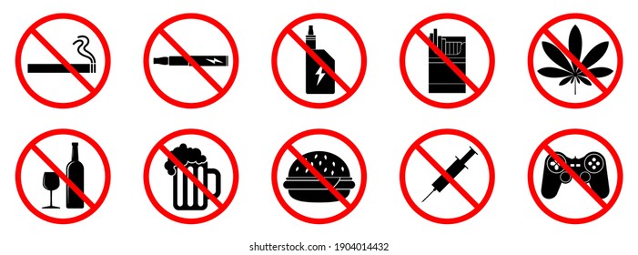 Bad Habits Icons. Bad Habits Is Forbidden. Stop Or Ban Red Round Sign With Bad Habit Icon. Vector Illustration.