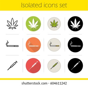 Bad habits icons set. Flat design, linear, black and color styles. Marijuana leaf, cigarette with smoke, syringe. Drugs and smoking addictions. Isolated vector illustrations