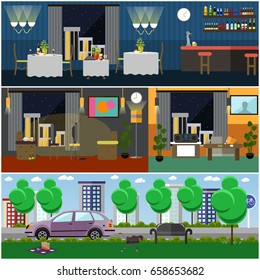 Bad habits interior vector illustration. Living room, restaurant, cafe, bar interior, city street or park. Flat style design.