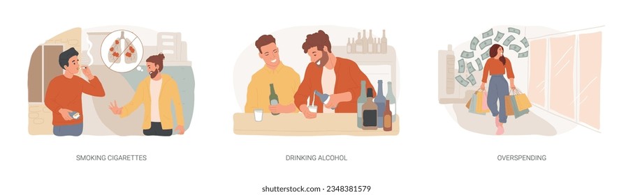 Bad habits isolated concept vector illustration set. Smoking cigarettes, drinking alcohol, overspending, tobacco and nicotine addiction, alcoholism therapy, budget planning, stress vector concept.