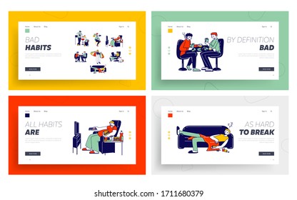 Bad Habits Landing Page Template Set. Smoking, Alcohol Drinks, Gambling and Virtual Reality Games, Sleeping Pills, Fast Food Eating and Coffee, Characters Addiction. Linear People Vector Illustration