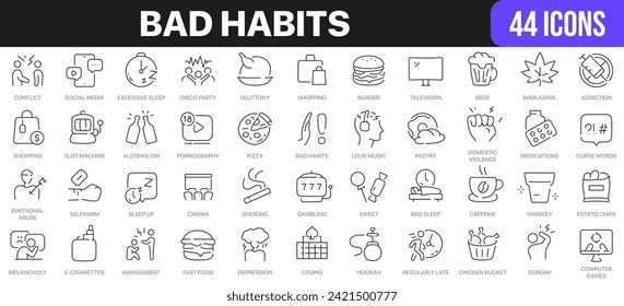 Bad habits line icons collection. UI icon set in a flat design. Excellent signed icon collection. Thin outline icons pack. Vector illustration EPS10