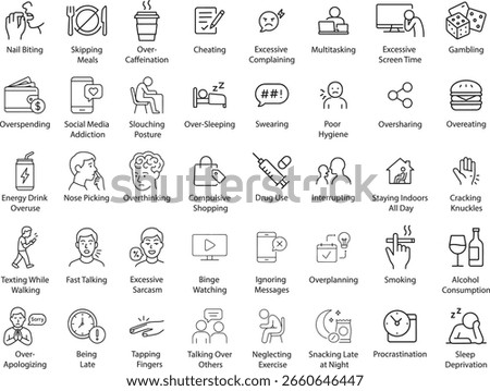 Bad Habits Line Icons Vector Illustration Isolated on White.