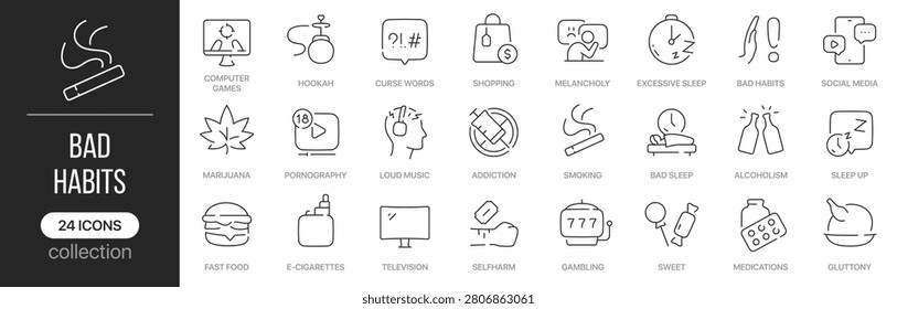 Bad habits linear icons covering unhealthy behaviors and addiction problems. Contains smoking, gambling, alcohol, excessive screen time, overeating and harmful lifestyle elements