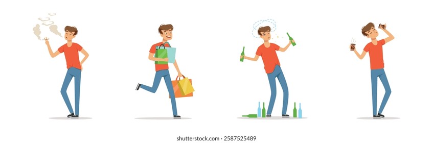 Bad Habits with Man Character Have Some Addictions Problem Vector Set
