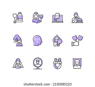 Bad habits - modern line design style icons set with editable stroke. Gadget addiction, burnout, insomnia, abusive relationships, narcissism, overeating, self-medication, depressed, lack of energy