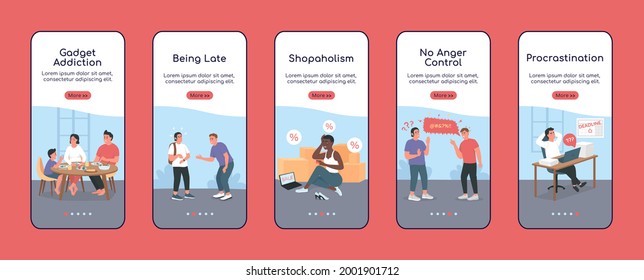 Bad habits onboarding mobile app screen flat vector template. Gadget addiction. Walkthrough website 5 steps with characters. Creative UX, UI, GUI smartphone cartoon interface, case prints set