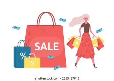 Bad habits, people addictions shopping. Woman buying and spending money, carrying shopping bags. Shopaholic girl suffer from obsession of purchases. Seasonal sale at stores, big discounts vector