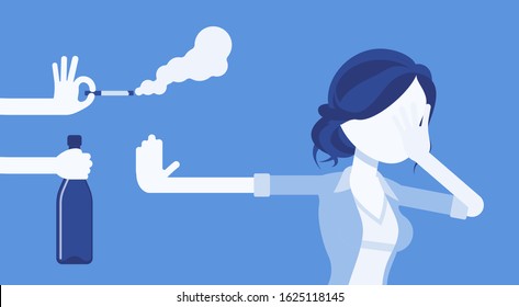 Bad Habits Refusal, Girl Against Use Of Alcohol And Smoking. Lady Breaking Or Kicking, Trying To Get Rid Of Drink And Tobacco Temptation, Habit-control Strategy. Vector Illustration