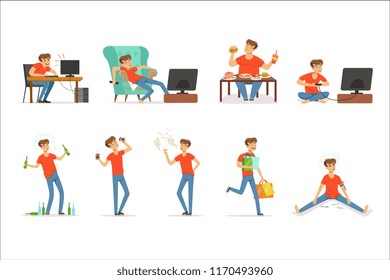 Bad habits set, alcoholism, drug addiction, smoking, dependence of computer and video games, shopping, gluttony with obesity vector Illustrations